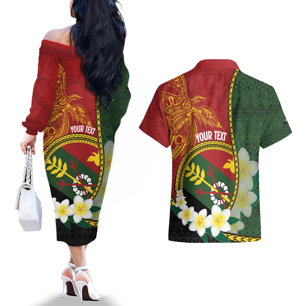 Personalised PNG Simbu Provins Couples Matching Off The Shoulder Long Sleeve Dress and Hawaiian Shirt Papua New Guinea Plumeria Melanesian Pattern - Polynesian Pride