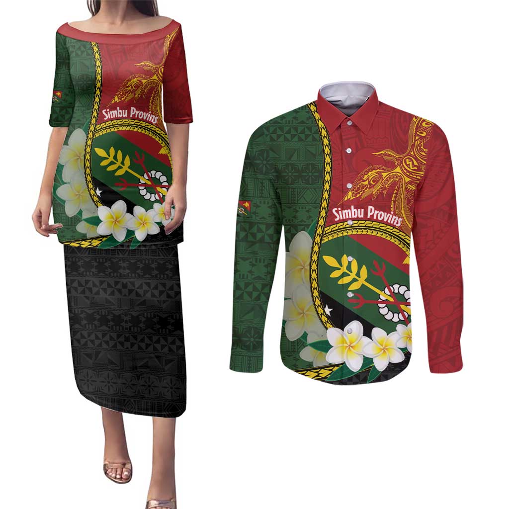 Personalised PNG Simbu Provins Couples Matching Puletasi and Long Sleeve Button Shirt Papua New Guinea Plumeria Melanesian Pattern - Polynesian Pride