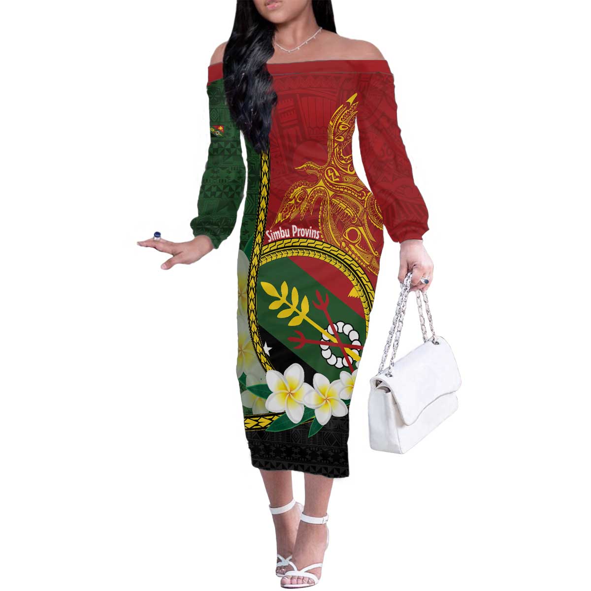 Personalised PNG Simbu Provins Family Matching Off The Shoulder Long Sleeve Dress and Hawaiian Shirt Papua New Guinea Plumeria Melanesian Pattern - Polynesian Pride