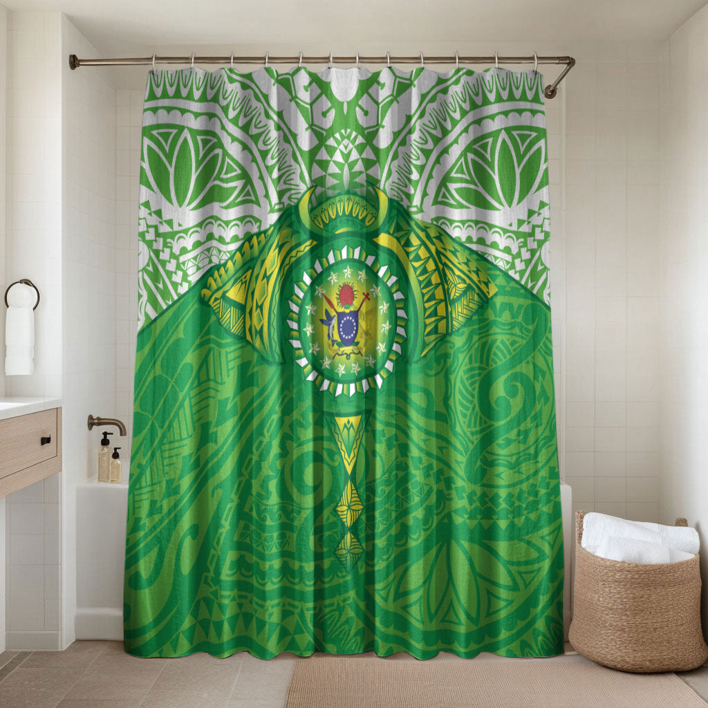 Cook Islands Manta Ray Bathroom Set Kuki Airani Tattoo Green Color LT14 Shower Curtain Only Green - Polynesian Pride