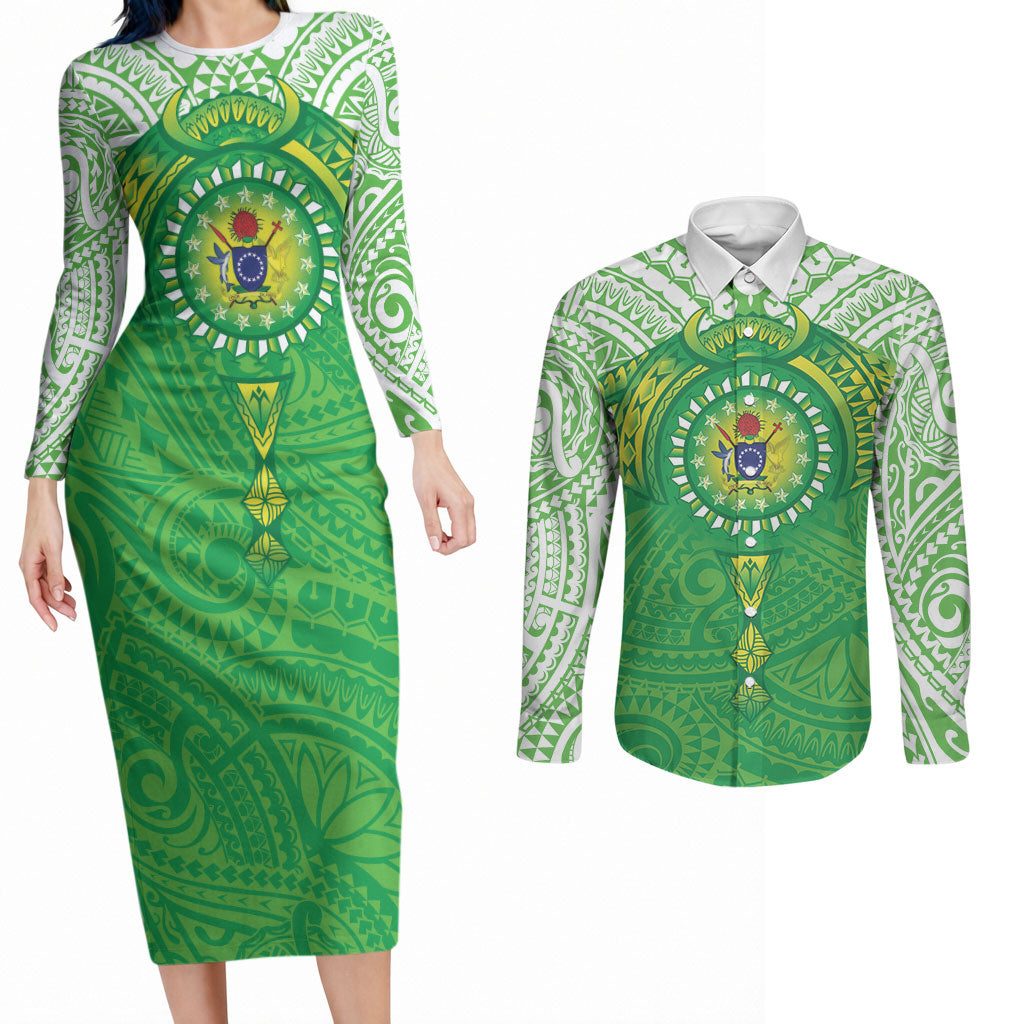 Cook Islands Manta Ray Couples Matching Long Sleeve Bodycon Dress and Long Sleeve Button Shirt Kuki Airani Tattoo Green Color LT14 Green - Polynesian Pride