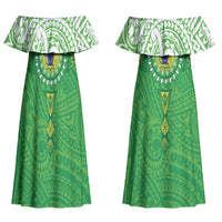 Cook Islands Manta Ray Couples Matching Off Shoulder Maxi Dress and Hawaiian Shirt Kuki Airani Tattoo Green Color LT14 - Polynesian Pride