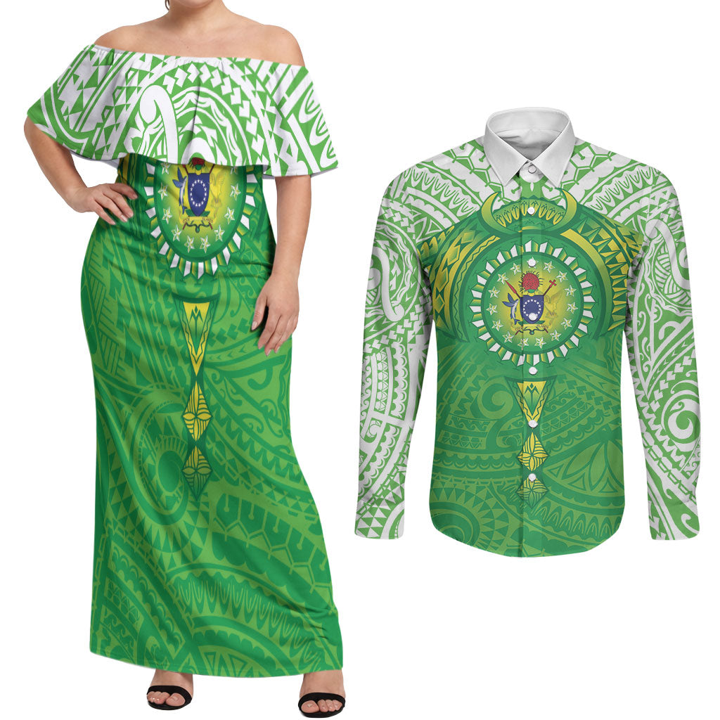 Cook Islands Manta Ray Couples Matching Off Shoulder Maxi Dress and Long Sleeve Button Shirt Kuki Airani Tattoo Green Color LT14 Green - Polynesian Pride