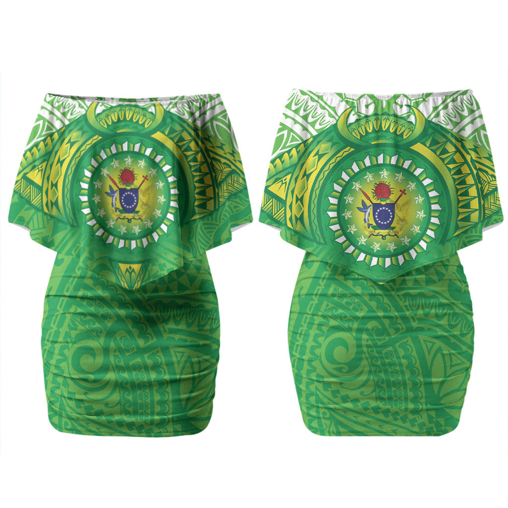 Cook Islands Manta Ray Couples Matching Off Shoulder Short Dress and Hawaiian Shirt Kuki Airani Tattoo Green Color LT14 - Polynesian Pride