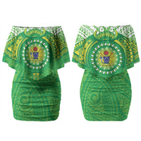 Cook Islands Manta Ray Couples Matching Off Shoulder Short Dress and Hawaiian Shirt Kuki Airani Tattoo Green Color LT14 - Polynesian Pride