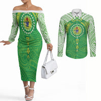 Cook Islands Manta Ray Couples Matching Off The Shoulder Long Sleeve Dress and Long Sleeve Button Shirt Kuki Airani Tattoo Green Color LT14 Green - Polynesian Pride