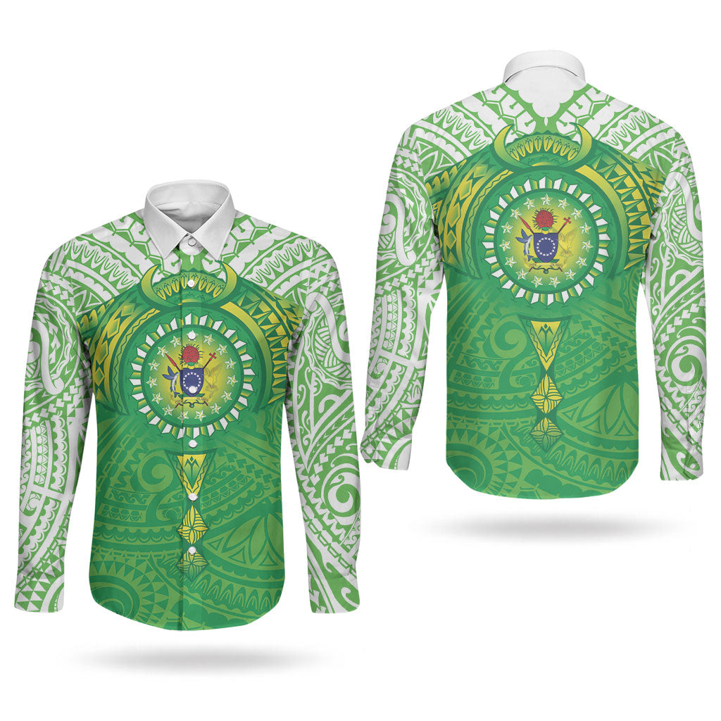 Cook Islands Manta Ray Couples Matching Off The Shoulder Long Sleeve Dress and Long Sleeve Button Shirt Kuki Airani Tattoo Green Color LT14 - Polynesian Pride