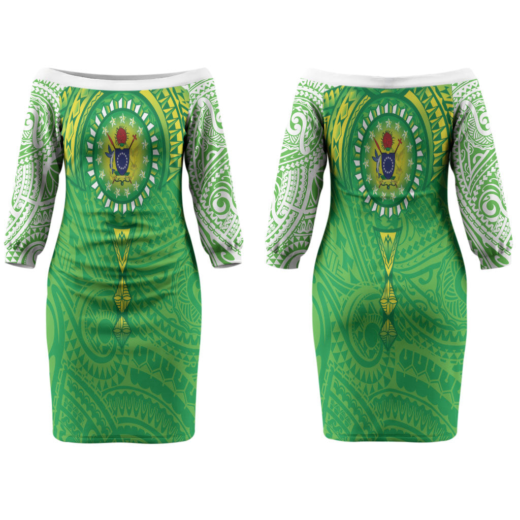 Cook Islands Manta Ray Couples Matching Off The Shoulder Long Sleeve Dress and Long Sleeve Button Shirt Kuki Airani Tattoo Green Color LT14 - Polynesian Pride