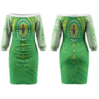 Cook Islands Manta Ray Couples Matching Off The Shoulder Long Sleeve Dress and Long Sleeve Button Shirt Kuki Airani Tattoo Green Color LT14 - Polynesian Pride