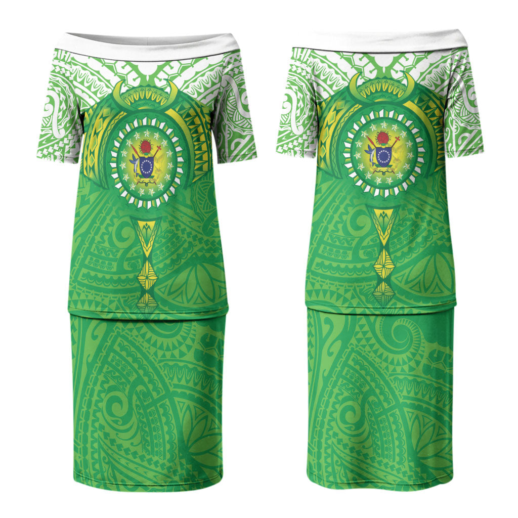 Cook Islands Manta Ray Couples Matching Puletasi and Long Sleeve Button Shirt Kuki Airani Tattoo Green Color LT14 - Polynesian Pride