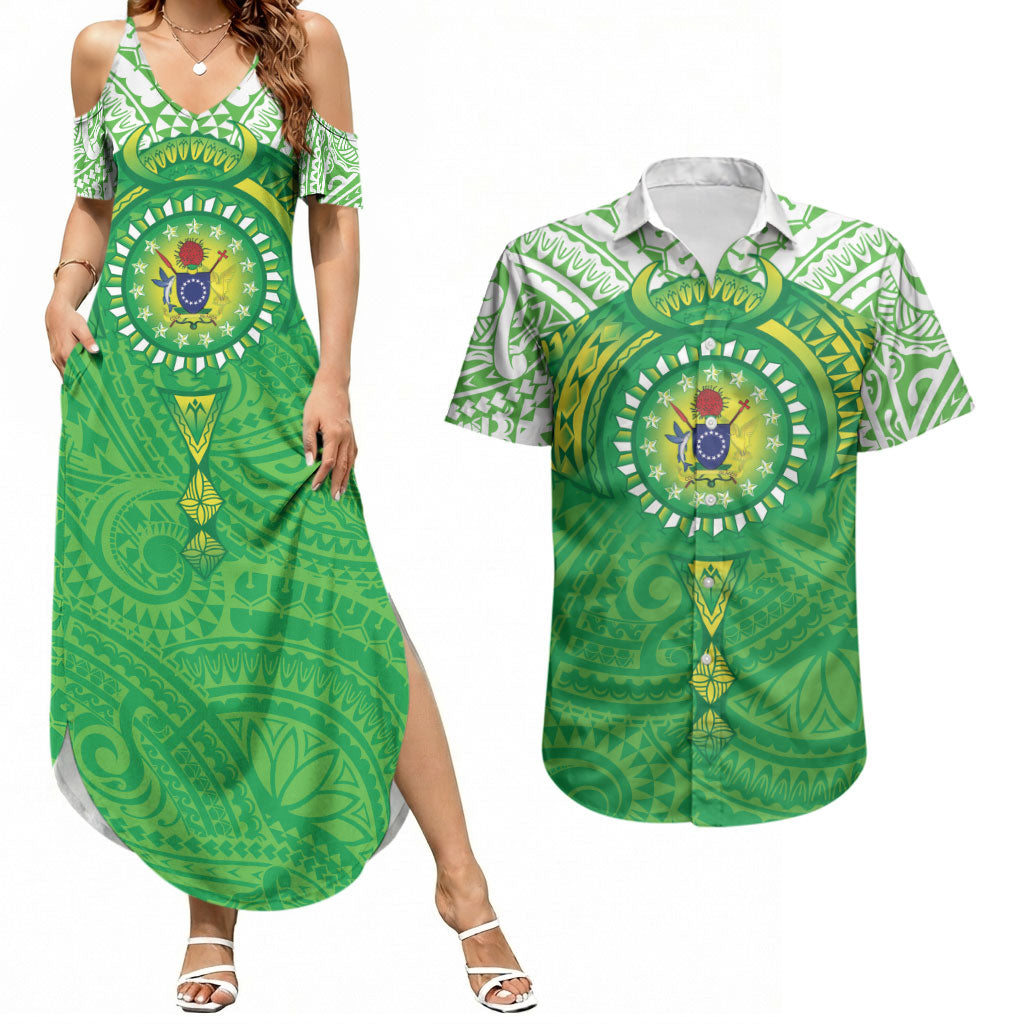 Cook Islands Manta Ray Couples Matching Summer Maxi Dress and Hawaiian Shirt Kuki Airani Tattoo Green Color LT14 Green - Polynesian Pride