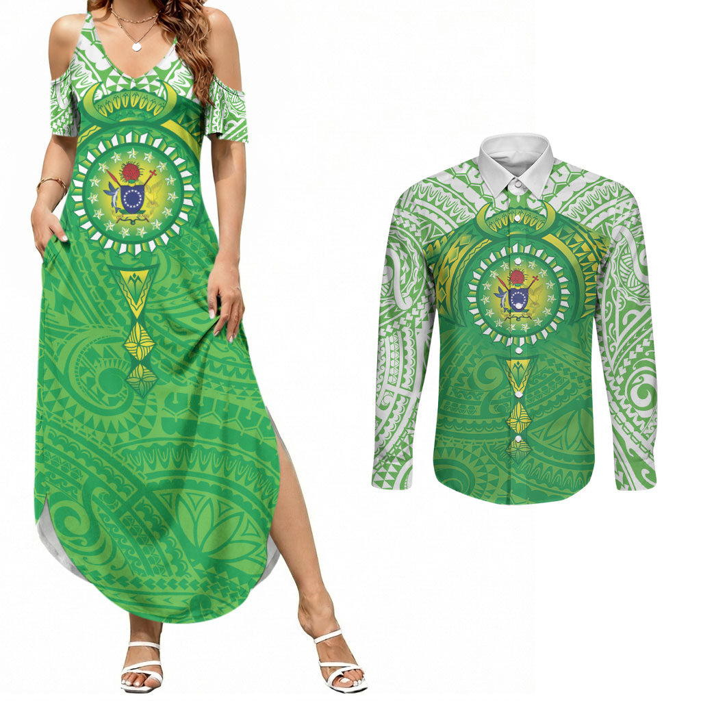 Cook Islands Manta Ray Couples Matching Summer Maxi Dress and Long Sleeve Button Shirt Kuki Airani Tattoo Green Color LT14 Green - Polynesian Pride