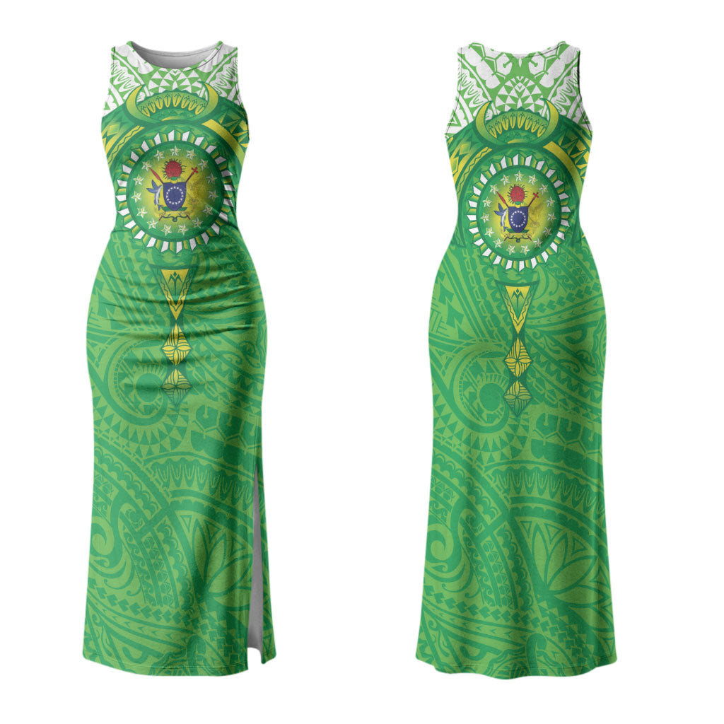 Cook Islands Manta Ray Couples Matching Tank Maxi Dress and Hawaiian Shirt Kuki Airani Tattoo Green Color LT14 - Polynesian Pride