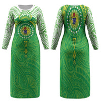 Cook Islands Manta Ray Family Matching Long Sleeve Bodycon Dress and Hawaiian Shirt Kuki Airani Tattoo Green Color LT14 Mom's Dress Green - Polynesian Pride