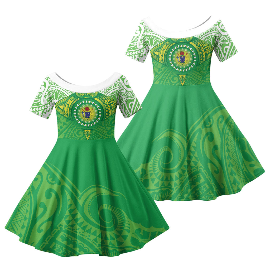 Cook Islands Manta Ray Family Matching Long Sleeve Bodycon Dress and Hawaiian Shirt Kuki Airani Tattoo Green Color LT14 Daughter's Dress Green - Polynesian Pride