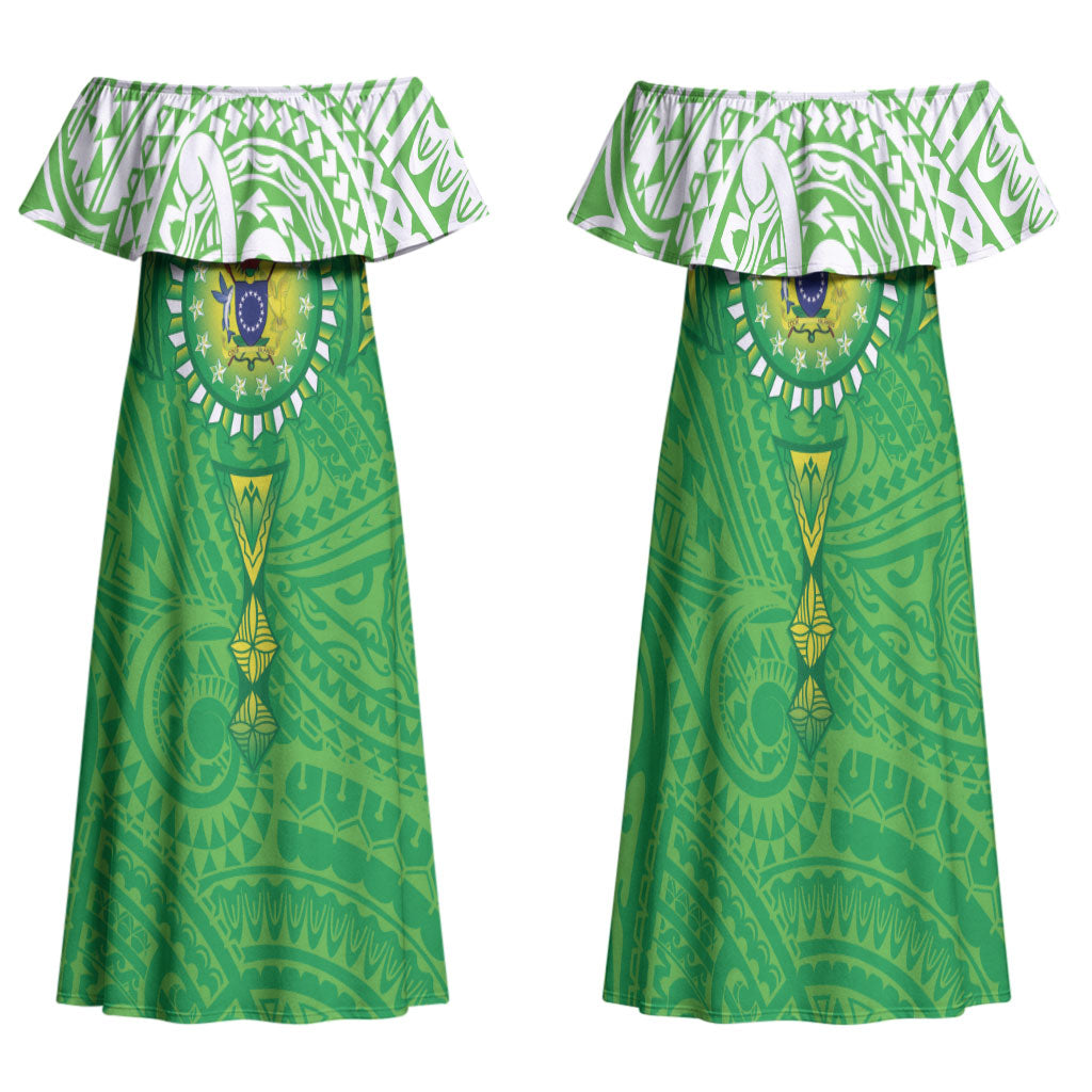 Cook Islands Manta Ray Family Matching Off Shoulder Maxi Dress and Hawaiian Shirt Kuki Airani Tattoo Green Color LT14 Mom's Dress Green - Polynesian Pride