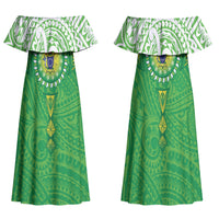 Cook Islands Manta Ray Family Matching Off Shoulder Maxi Dress and Hawaiian Shirt Kuki Airani Tattoo Green Color LT14 Mom's Dress Green - Polynesian Pride