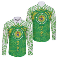 Cook Islands Manta Ray Family Matching Off Shoulder Maxi Dress and Hawaiian Shirt Kuki Airani Tattoo Green Color LT14 Dad's Shirt - Long Sleeve Green - Polynesian Pride