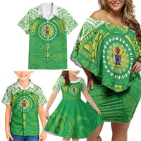 Cook Islands Manta Ray Family Matching Off Shoulder Short Dress and Hawaiian Shirt Kuki Airani Tattoo Green Color LT14 - Polynesian Pride