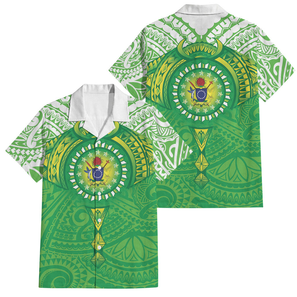 Cook Islands Manta Ray Family Matching Off Shoulder Short Dress and Hawaiian Shirt Kuki Airani Tattoo Green Color LT14 Dad's Shirt - Short Sleeve Green - Polynesian Pride