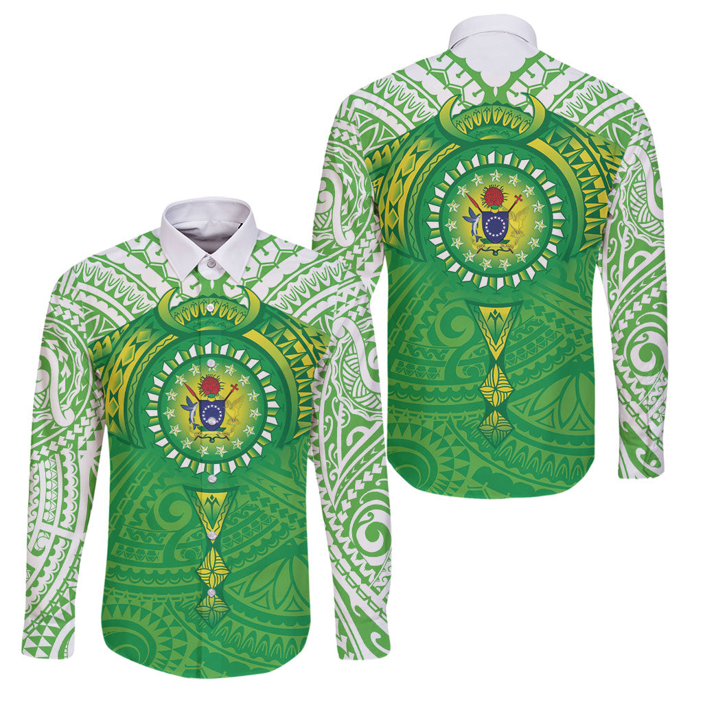 Cook Islands Manta Ray Family Matching Off Shoulder Short Dress and Hawaiian Shirt Kuki Airani Tattoo Green Color LT14 Dad's Shirt - Long Sleeve Green - Polynesian Pride
