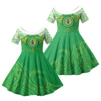 Cook Islands Manta Ray Family Matching Off Shoulder Short Dress and Hawaiian Shirt Kuki Airani Tattoo Green Color LT14 Daughter's Dress Green - Polynesian Pride