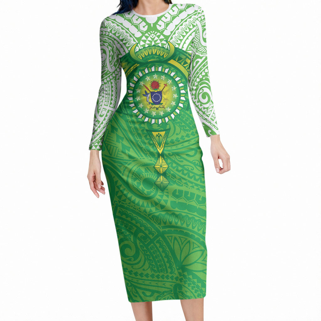 Cook Islands Manta Ray Long Sleeve Bodycon Dress Kuki Airani Tattoo Green Color LT14 Long Dress Green - Polynesian Pride