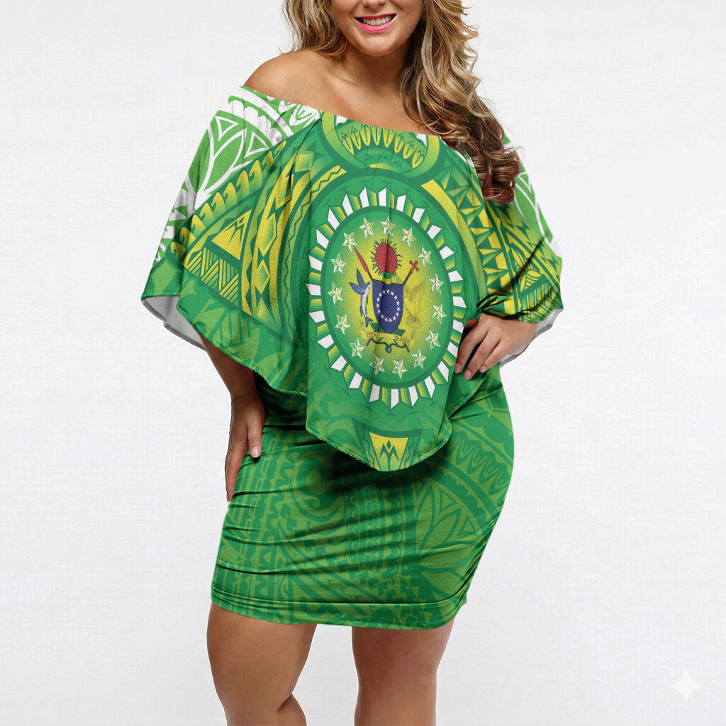Cook Islands Manta Ray Off Shoulder Short Dress Kuki Airani Tattoo Green Color LT14 Women Green - Polynesian Pride
