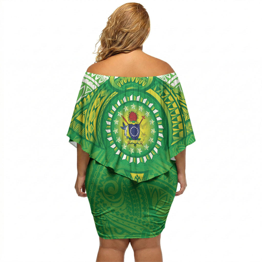 Cook Islands Manta Ray Off Shoulder Short Dress Kuki Airani Tattoo Green Color LT14 - Polynesian Pride