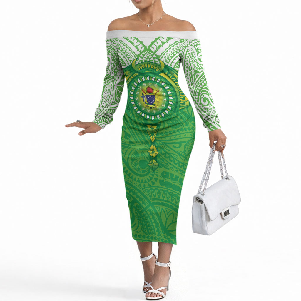 Cook Islands Manta Ray Off The Shoulder Long Sleeve Dress Kuki Airani Tattoo Green Color LT14 Women Green - Polynesian Pride