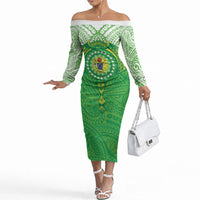 Cook Islands Manta Ray Off The Shoulder Long Sleeve Dress Kuki Airani Tattoo Green Color LT14 Women Green - Polynesian Pride