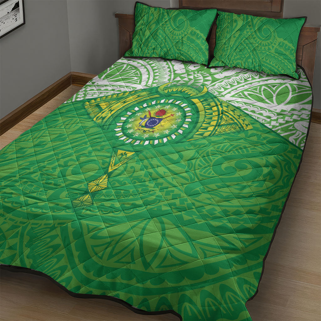 Cook Islands Manta Ray Quilt Bed Set Kuki Airani Tattoo Green Color LT14 - Polynesian Pride