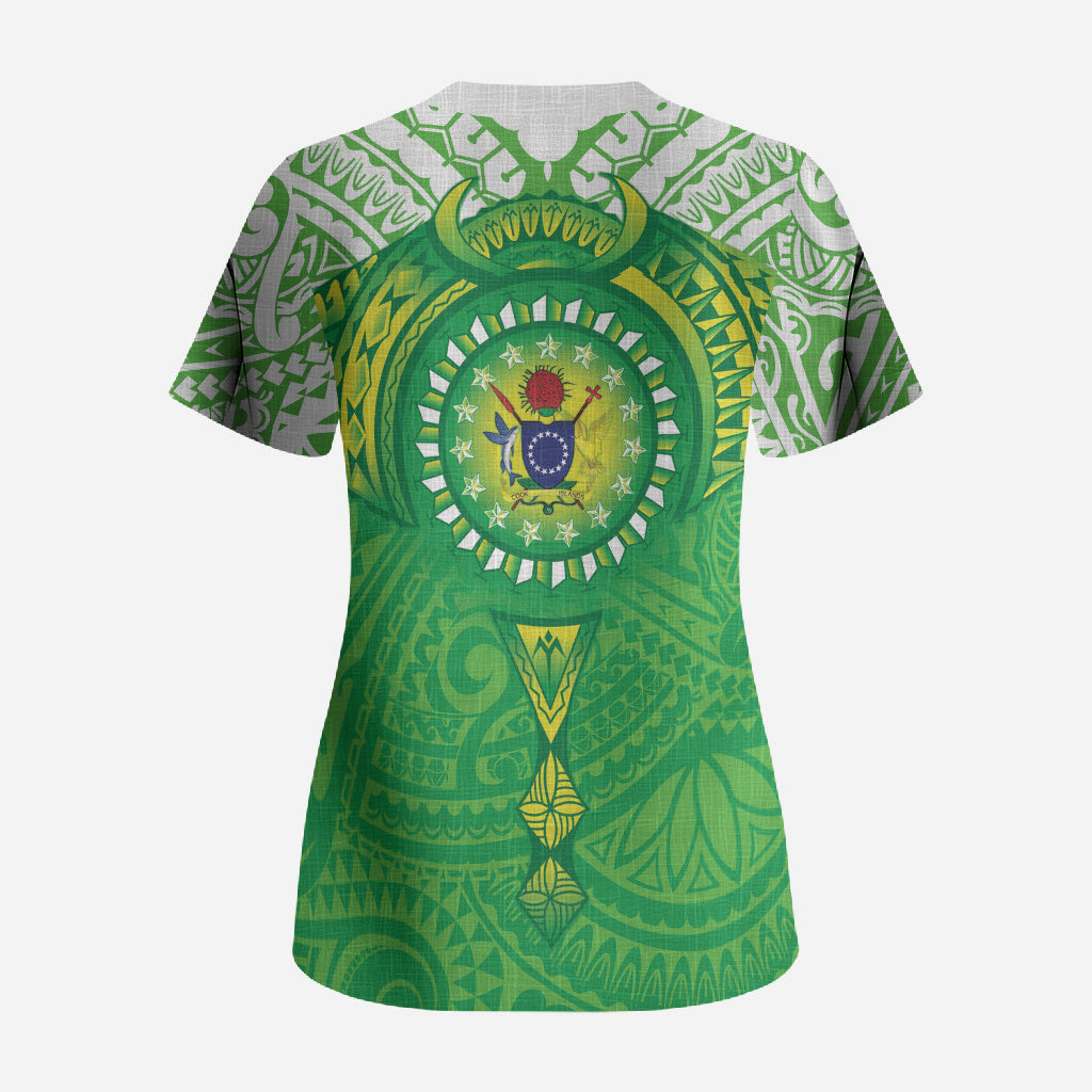 Cook Islands Manta Ray Scrub Top Kuki Airani Tattoo Green Color LT14 - Polynesian Pride