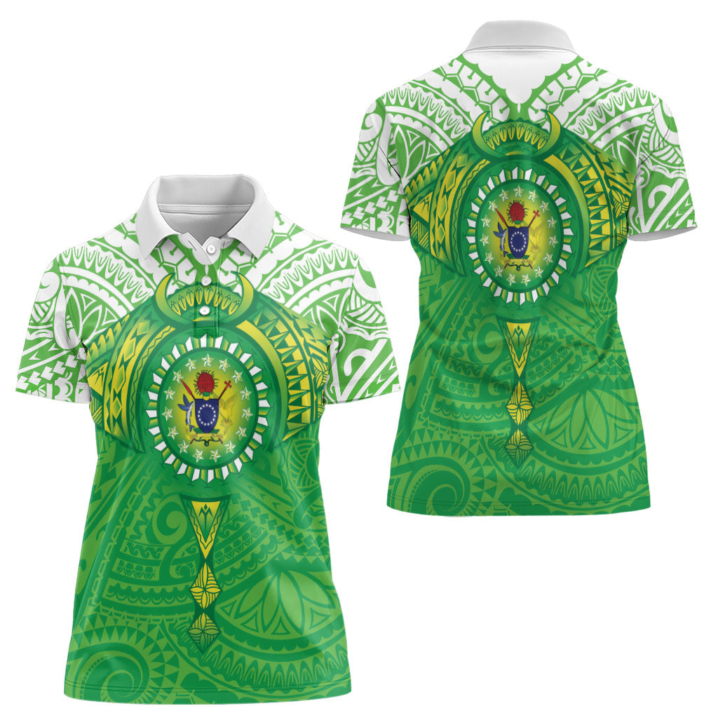 Cook Islands Manta Ray Women Polo Shirt Kuki Airani Tattoo Green Color LT14 - Polynesian Pride