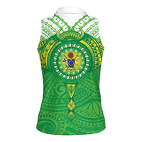 Cook Islands Manta Ray Women Sleeveless Polo Shirt Kuki Airani Tattoo Green Color LT14 - Polynesian Pride