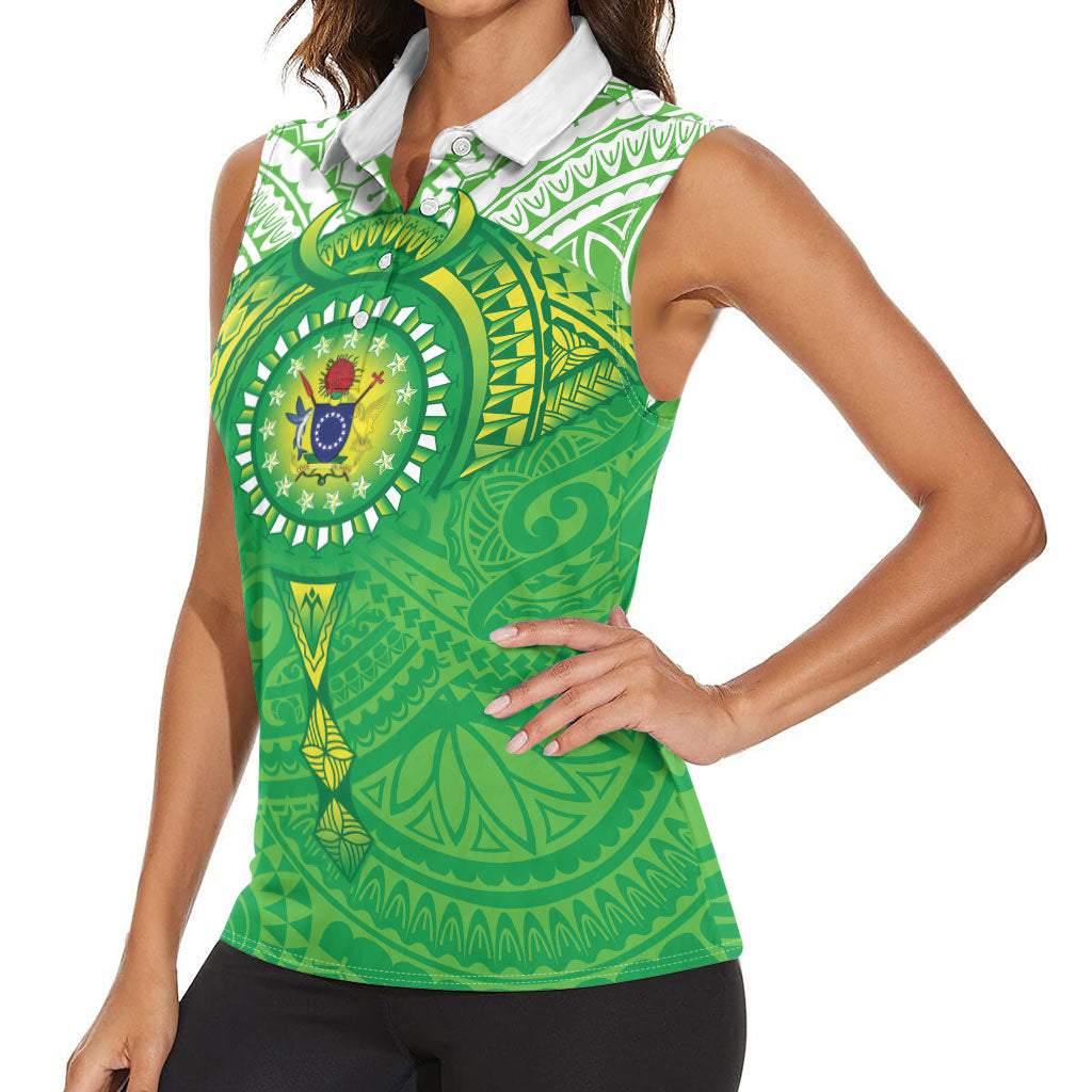 Cook Islands Manta Ray Women Sleeveless Polo Shirt Kuki Airani Tattoo Green Color LT14 - Polynesian Pride