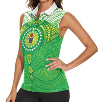 Cook Islands Manta Ray Women Sleeveless Polo Shirt Kuki Airani Tattoo Green Color LT14 - Polynesian Pride