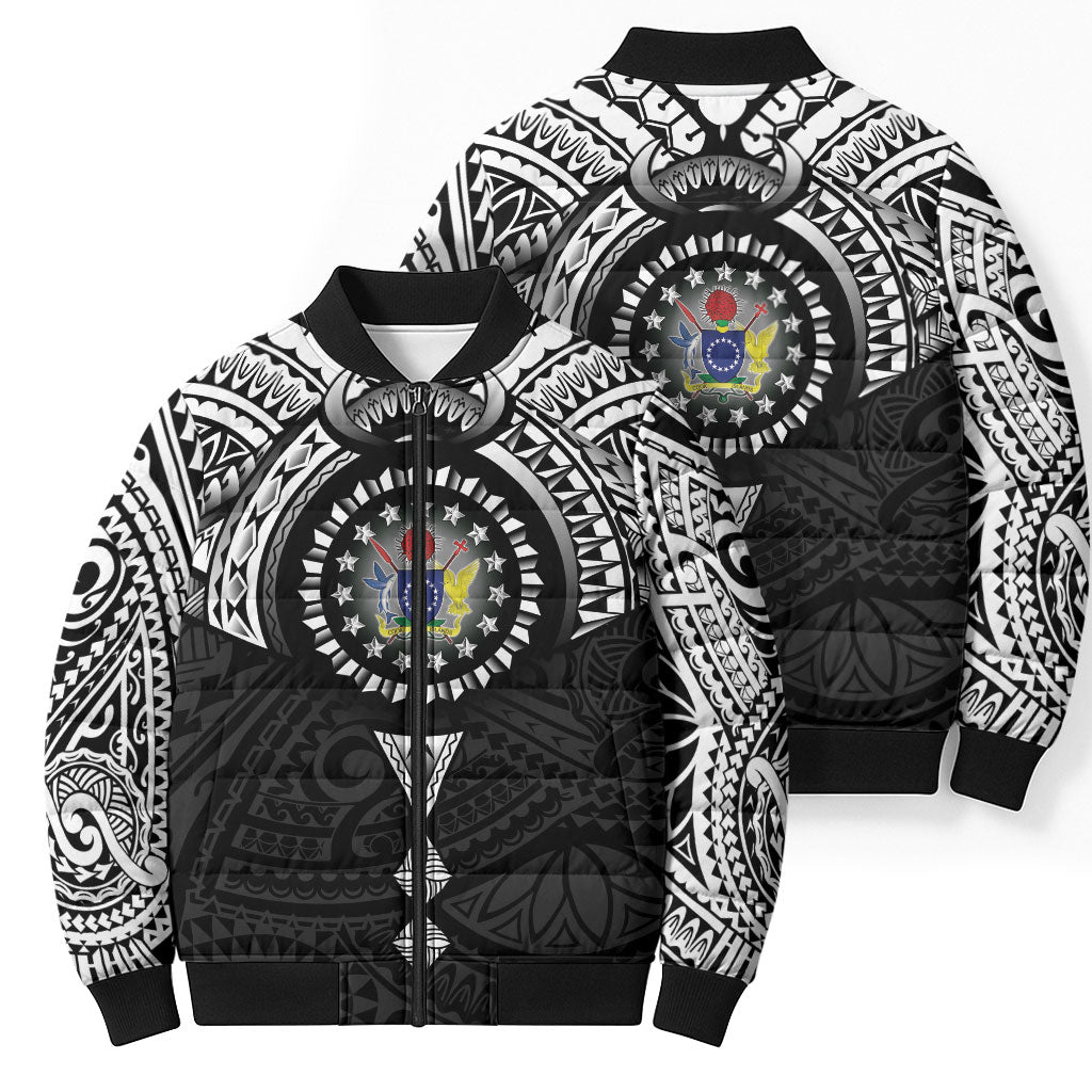 Cook Islands Manta Ray Bomber Puffer Jacket Kuki Airani Tattoo Black Color LT14 - Polynesian Pride