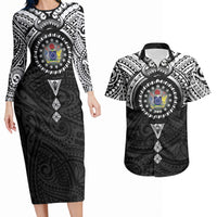 Cook Islands Manta Ray Couples Matching Long Sleeve Bodycon Dress and Hawaiian Shirt Kuki Airani Tattoo Black Color LT14 Black - Polynesian Pride