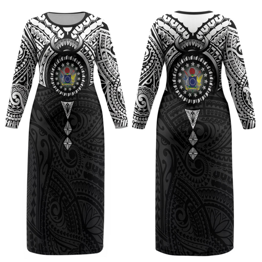 Cook Islands Manta Ray Couples Matching Long Sleeve Bodycon Dress and Hawaiian Shirt Kuki Airani Tattoo Black Color LT14 - Polynesian Pride