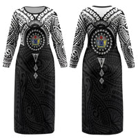 Cook Islands Manta Ray Couples Matching Long Sleeve Bodycon Dress and Hawaiian Shirt Kuki Airani Tattoo Black Color LT14 - Polynesian Pride