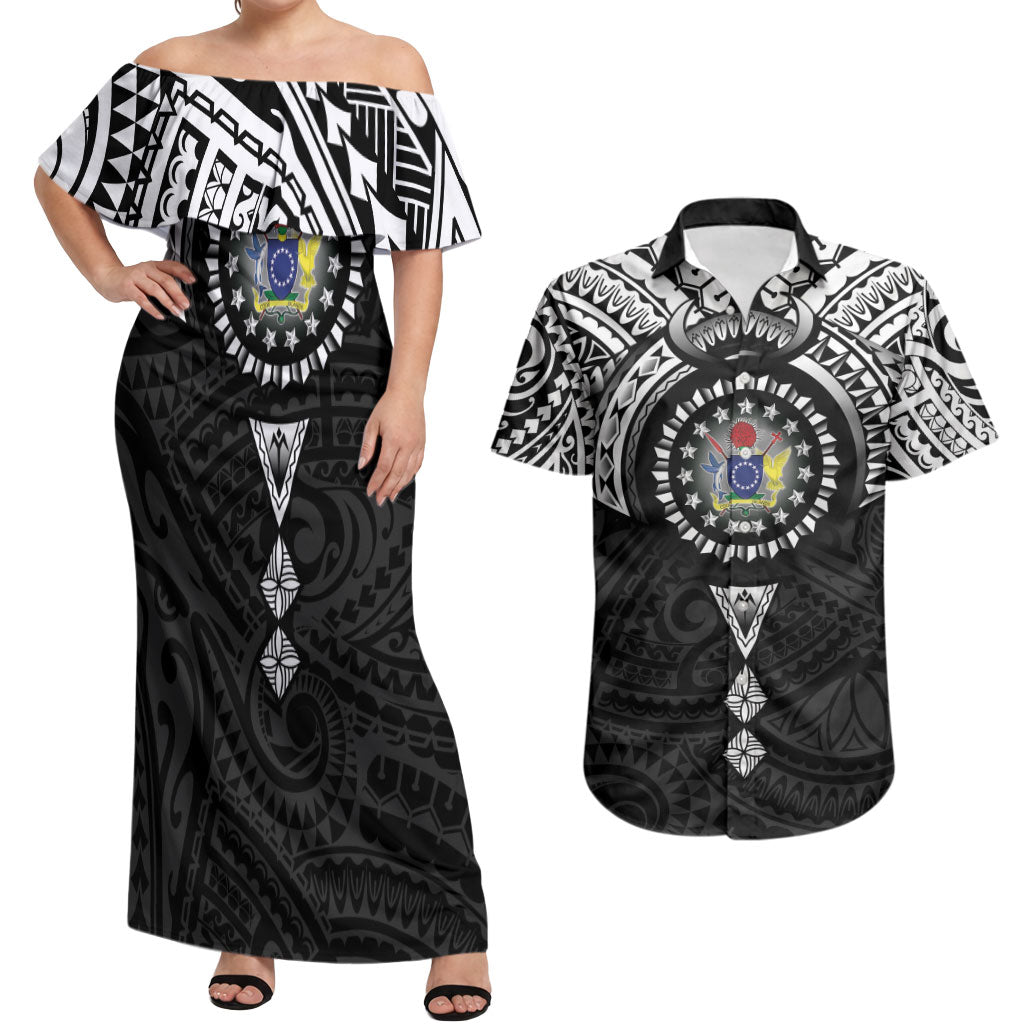 Cook Islands Manta Ray Couples Matching Off Shoulder Maxi Dress and Hawaiian Shirt Kuki Airani Tattoo Black Color LT14 Black - Polynesian Pride