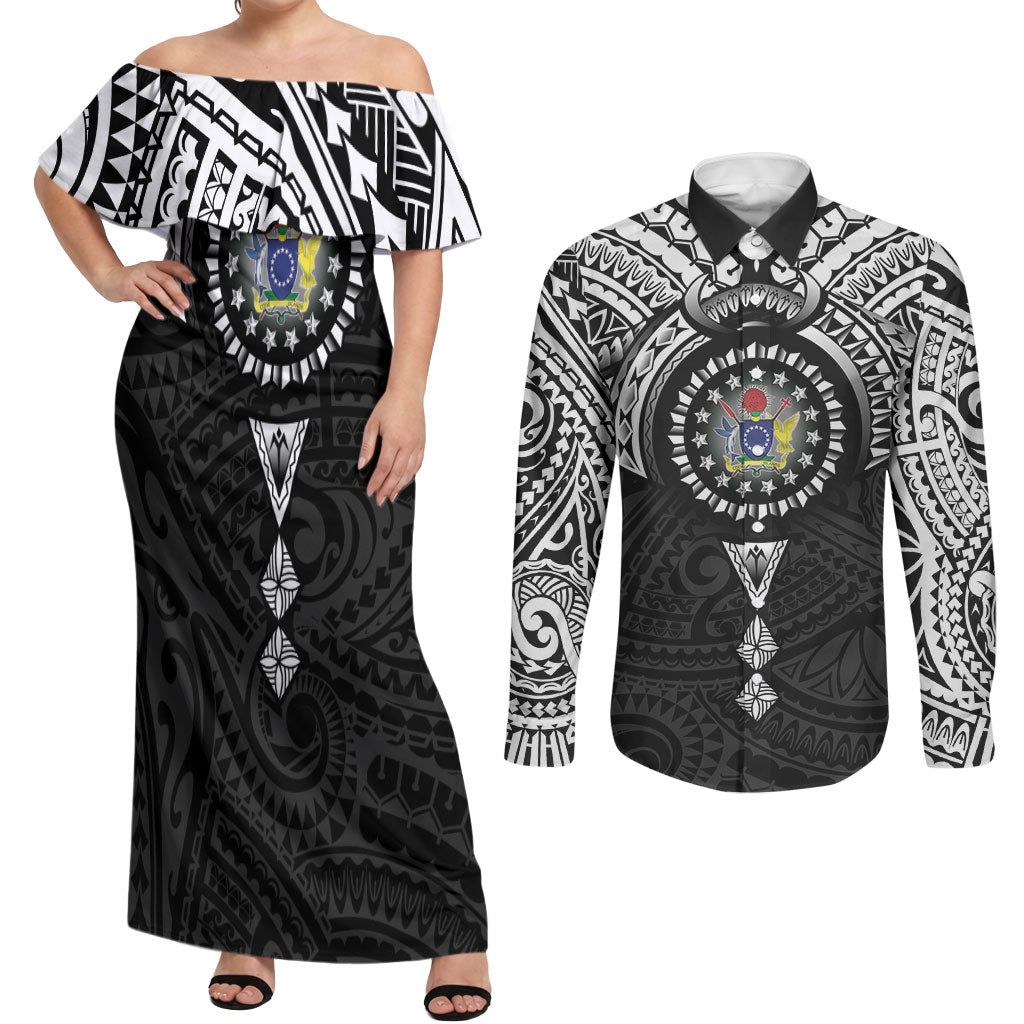 Cook Islands Manta Ray Couples Matching Off Shoulder Maxi Dress and Long Sleeve Button Shirt Kuki Airani Tattoo Black Color LT14 Black - Polynesian Pride