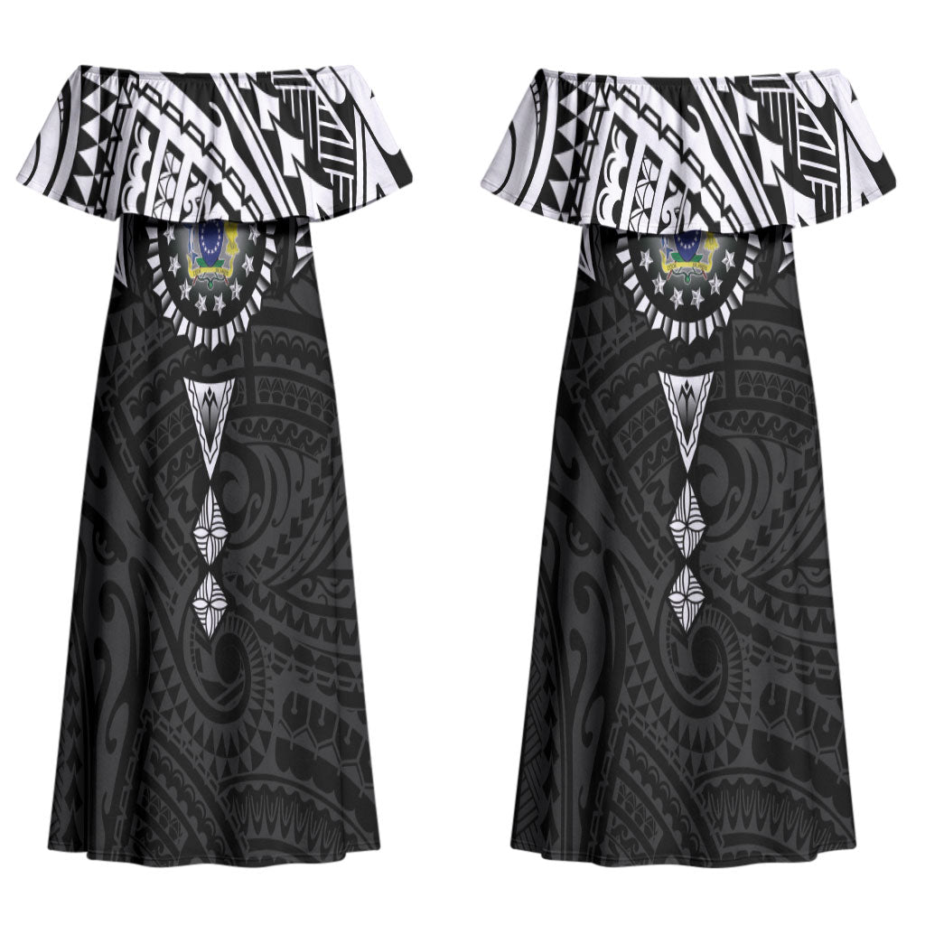 Cook Islands Manta Ray Couples Matching Off Shoulder Maxi Dress and Long Sleeve Button Shirt Kuki Airani Tattoo Black Color LT14 - Polynesian Pride