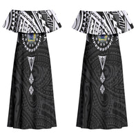 Cook Islands Manta Ray Couples Matching Off Shoulder Maxi Dress and Long Sleeve Button Shirt Kuki Airani Tattoo Black Color LT14 - Polynesian Pride