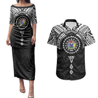 Cook Islands Manta Ray Couples Matching Puletasi and Hawaiian Shirt Kuki Airani Tattoo Black Color LT14 Black - Polynesian Pride