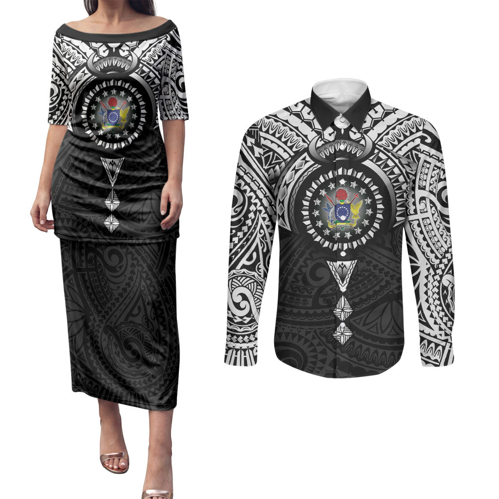 Cook Islands Manta Ray Couples Matching Puletasi and Long Sleeve Button Shirt Kuki Airani Tattoo Black Color LT14 Black - Polynesian Pride