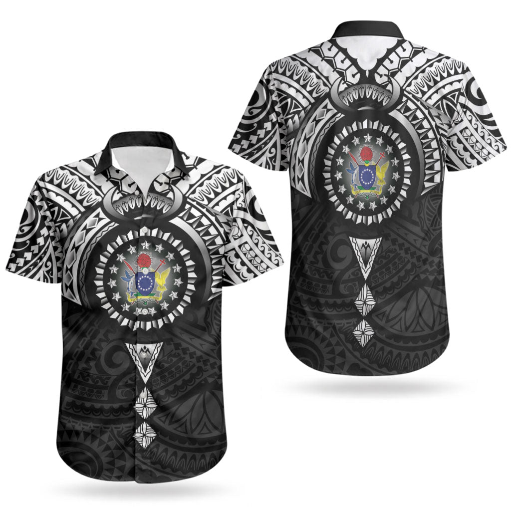 Cook Islands Manta Ray Couples Matching Short Sleeve Bodycon Dress and Hawaiian Shirt Kuki Airani Tattoo Black Color LT14 - Polynesian Pride