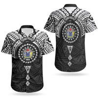 Cook Islands Manta Ray Couples Matching Short Sleeve Bodycon Dress and Hawaiian Shirt Kuki Airani Tattoo Black Color LT14 - Polynesian Pride