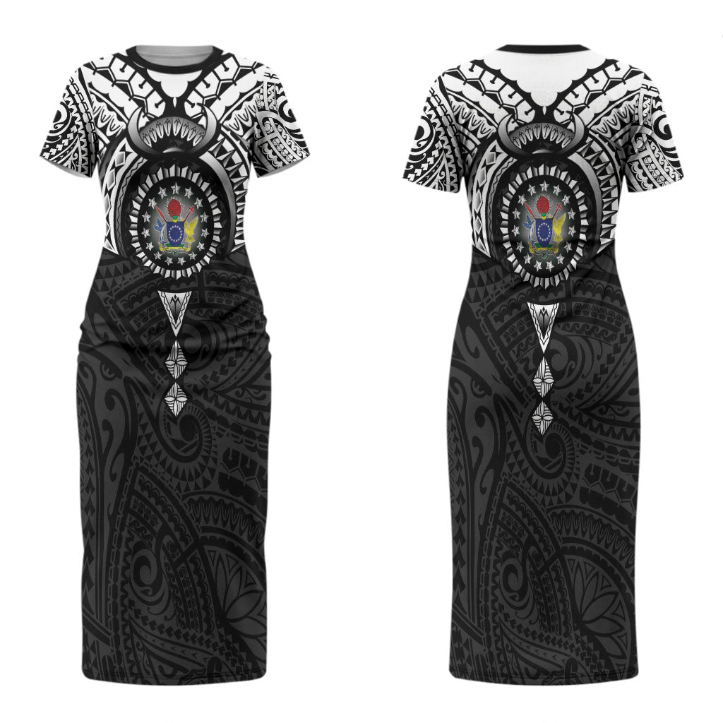 Cook Islands Manta Ray Couples Matching Short Sleeve Bodycon Dress and Hawaiian Shirt Kuki Airani Tattoo Black Color LT14 - Polynesian Pride